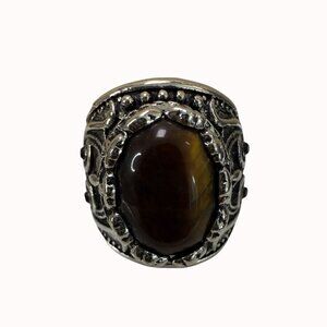 Tigers Eye Gemstone Ring With Intricate Silver-Tone Filigree Design Size 8